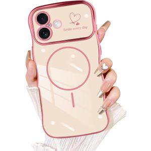 Fiyart Designed for iPhone 17 Case 2025, Cute Wave Frame Curly Shape Love Hearts Plating for Women Girls Camera Protection Compatible with MagSafe Magnetic Shockproof Bumper 6.3"-Pink