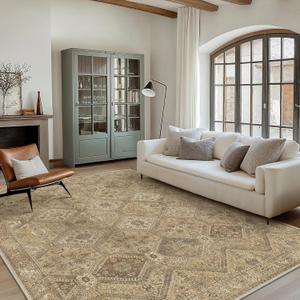Bavni 10x14 Area Rugs for Living Room, Machine Washable Rug Non Slip, Vintage Chenille Distressed Print Carpet, Large Low Pile Ultra-Thin Lightweight Rugs for Bedroom, Dining Room, Office, Nut Brown
