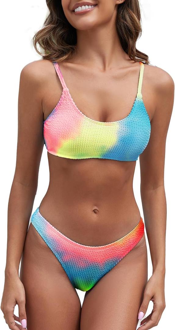 Fanuerg Women's Ribbed Bikini Sets Scoop Neck Cheeky Swimsuit Textured Two Piece Bathing Suit (Large, Rainbow Tie Dye)