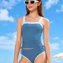 Queenstyle Teen Girls Tankini Swimsuit 2 Piece Bathing Suit Color-Block Drawstring Girls' Swimwear for 15-16 Years
