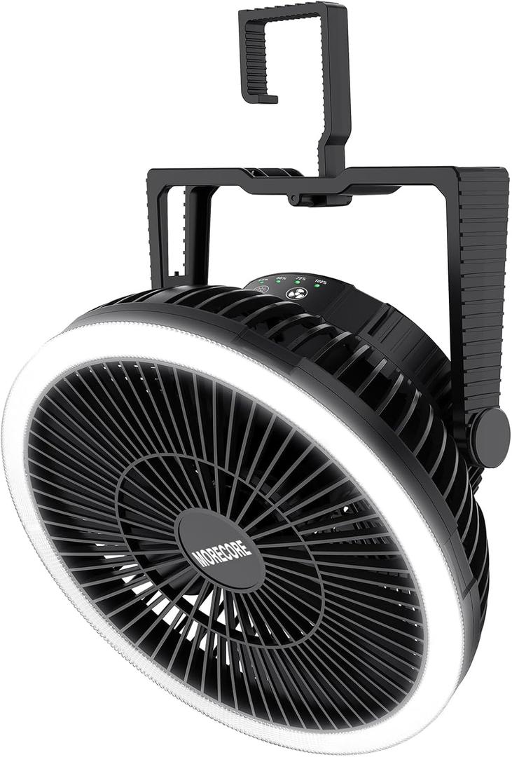 MORECORE Portable Camping Fan with LED Lantern, 24HRS Running 8inch Rechargeable Tent Fan, Powerful 3-Speed 180 Rotate with Hook, Quiet for Outdoor RV Travel Fishing Hurricane Emergency Power Outage