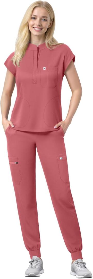Scrubs Set for Women Medical Uniform Nurse Suit, Anti-Wrinkle Scrub Top Jogger Pant&11 Pockets, 4 Way Stretch Workwear (X-Small, Nude Pink)