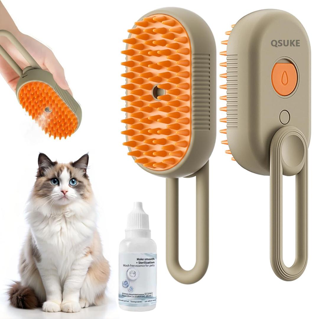 Cat Steam Brush, 3 in 1 Pet Steam Cats Brushes Rechargeable Anti-Static Grooming Brushe, Vibration Massage Cleaning Shedding & Combing Multifunctional Hair Removal Comb for Cats Dog (Khaki)