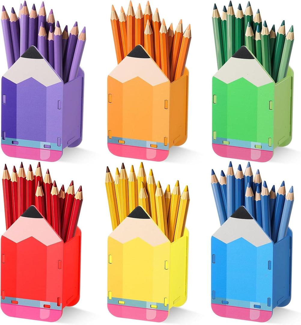 6 Pcs Pencil Shaped Holder Wooden Pencil Dispenser Storage Organizer Container Pen Cup Stationery Pot for Back to School Teachers Office Desk Gift Classroom Supplies (Rainbow Color)