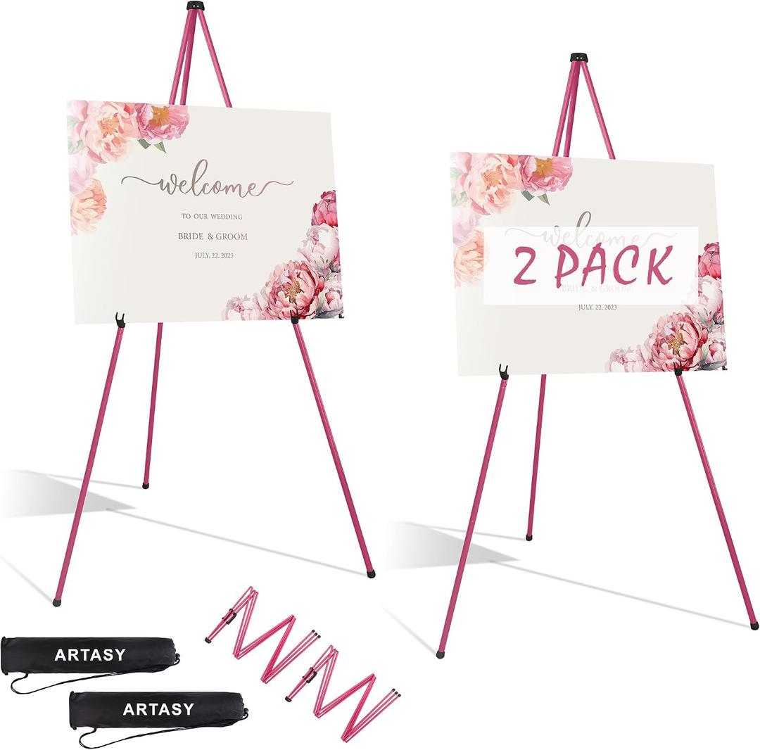 ARTASY 63" Easel Stand for Wedding Signs, Posters, Portable Artist Easel for Painting Canvas, Tripod for Home and Office, Supports 5 lbs-Pink 2/Pack
