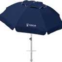 AMMSUN 7ft Beach Umbrella with Sand Anchor Sand Screw, Tilt, Windproof, Sun Protection,UPF 50+ Silver Coating Inside and Telescoping Pole for Outdoor Patio (Solid Navy)