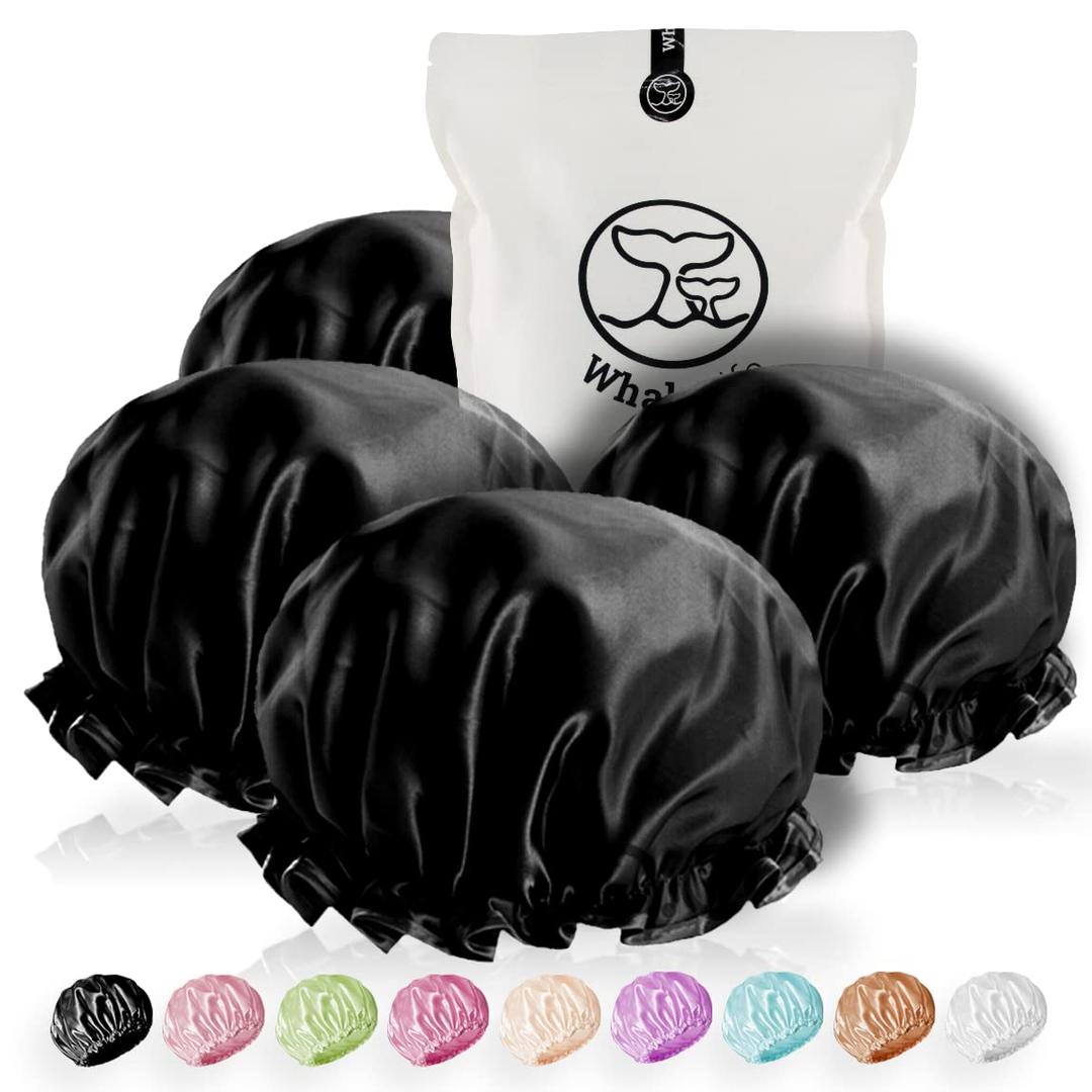 Extra Large Reusable Shower Cap for Men, Women (Black 4 Pack ) Satin Double Layer EVA Waterproof Long Hair Cap (Large (Pack of 4))