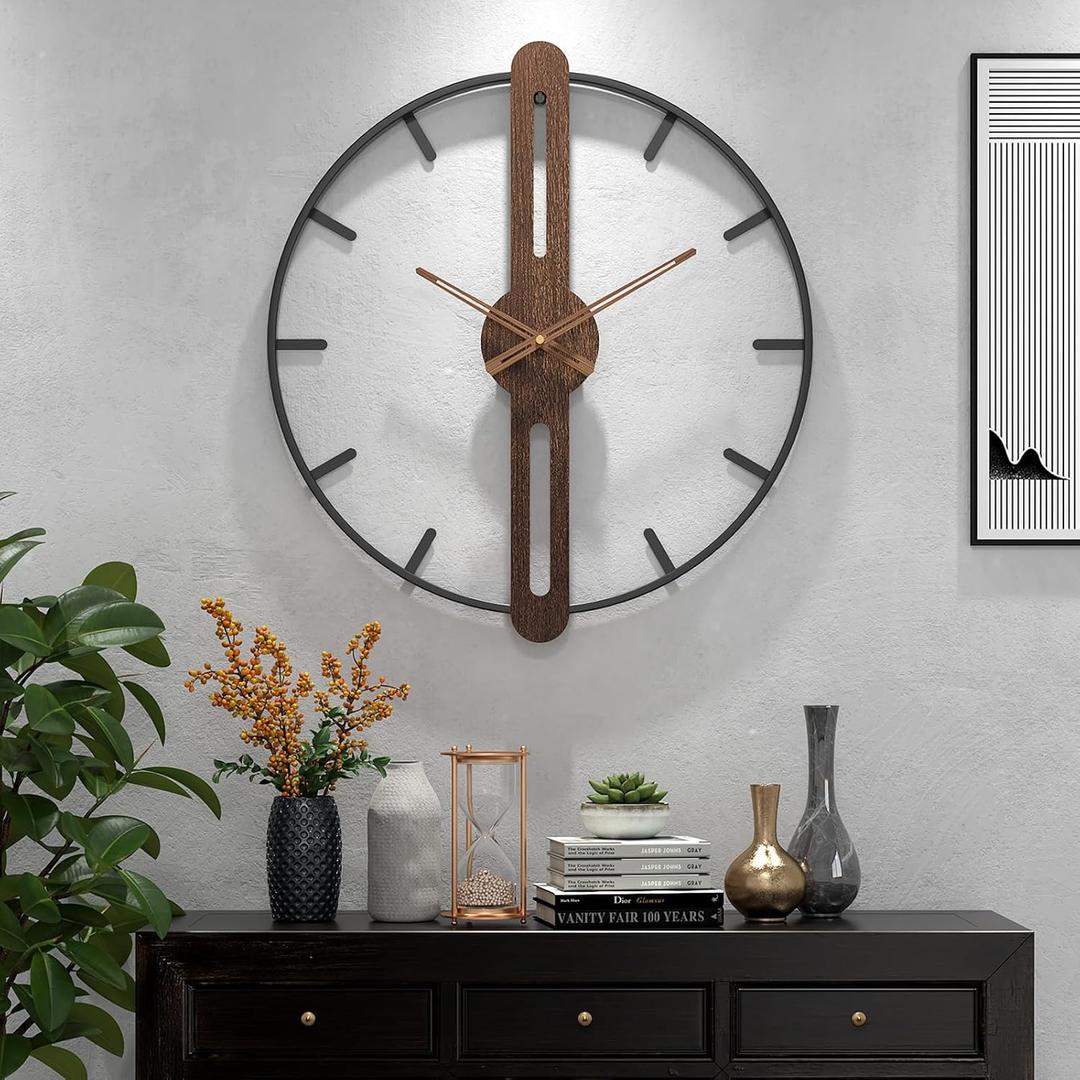Modern Walnut Dial Wall Clock, Wood Large Wall Clock Decor Metal Frame Silent Non Ticking for Living Room, Bedroom, Kitchen, Study Decoration, Handmade Home Present Idea, 20 in 50 cm