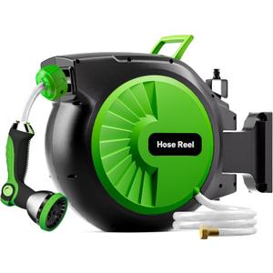 Retractable Garden Hose Reel 100FT x 5/8 in, Wall Mount Water Hose Reel for Outside with Auto Rewind, Tangle-Free Guide, 180 Swivel Bracket, Lock at Any Length, High-Pressure Flow, 10-Pattern Nozzle