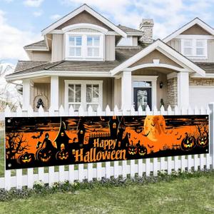 Halloween Decorations Outdoor Yard Banner Happy Halloween Banner Pumpkin Fence Backdrop 118x20 Inch Haunted House Moon Bat Scene Gothic Outdoor Yard Sign for Garden Porch Party Wall