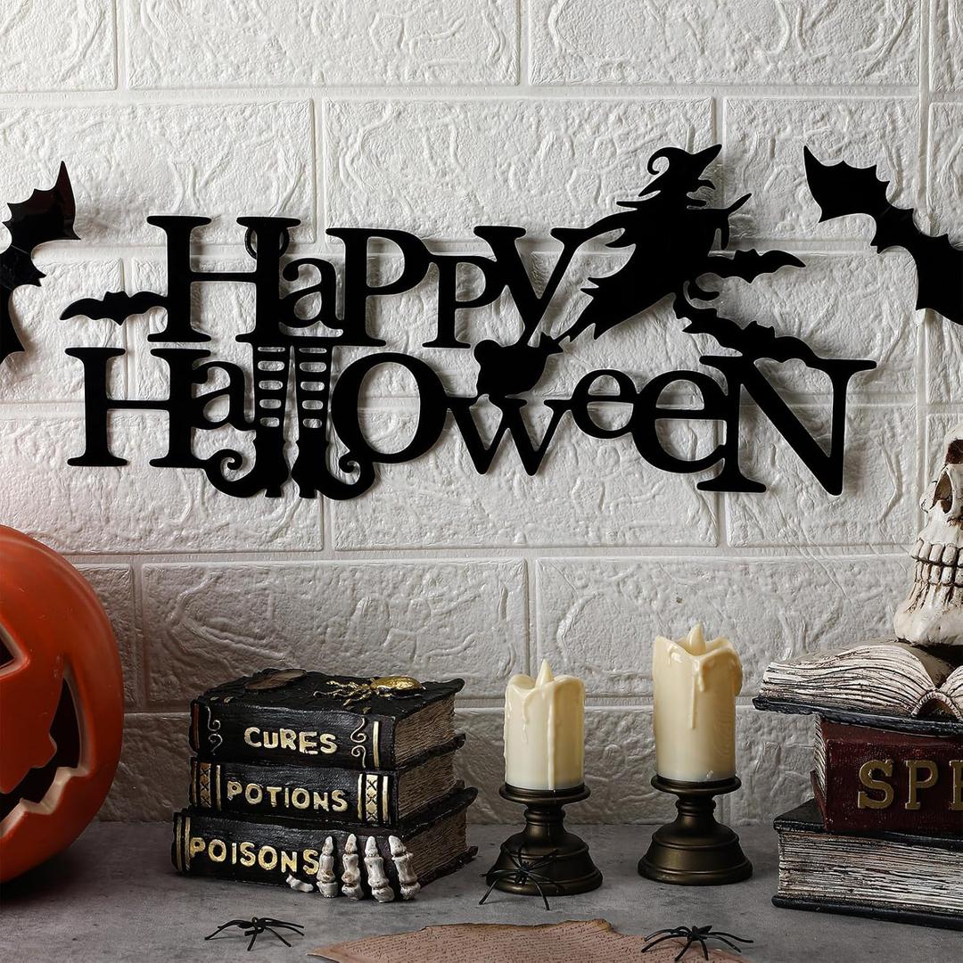 Halloween Decorations Happy Halloween Metal Sign Gothic Wall Decor with Bats and Witches Decor Black Hanging Yard Sign Metal Word Wall Art for Front Door Window Haunted House, 15.7 Inch