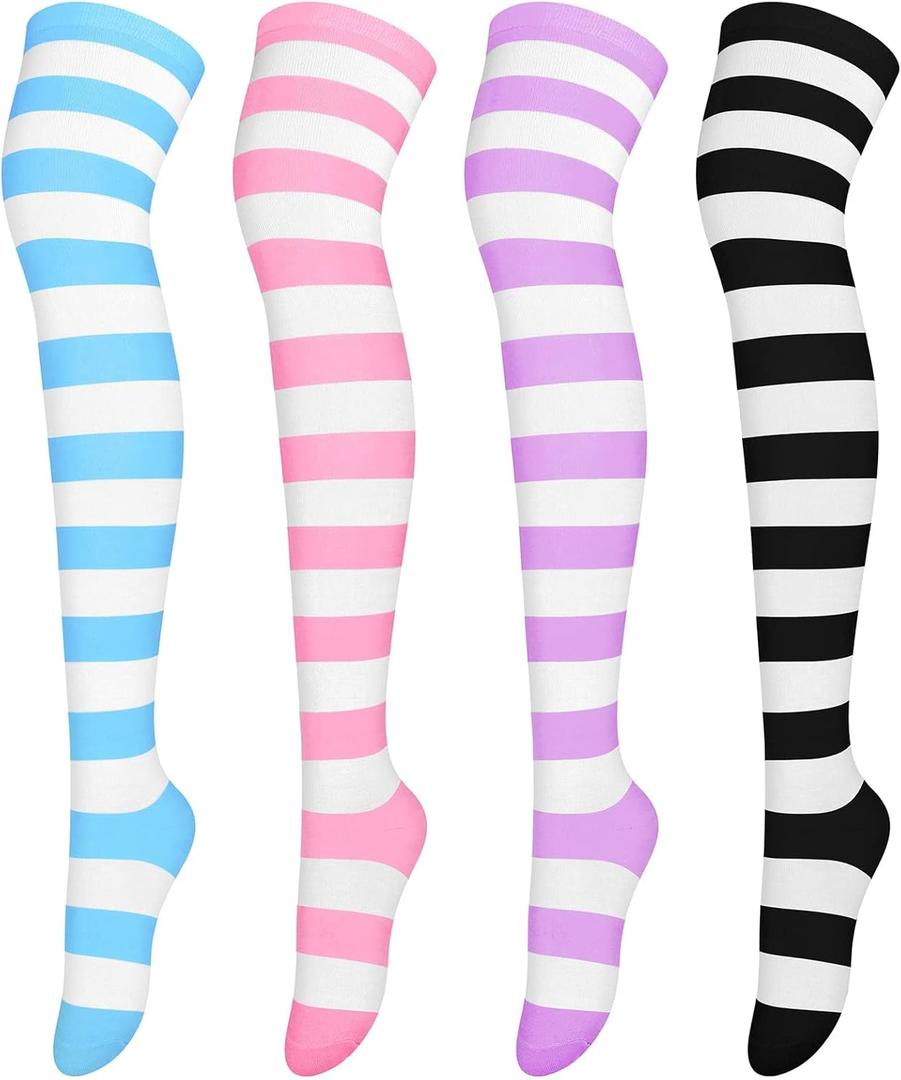 Aneco 4 Pairs Over Knee High Stripe Socks Halloween Cosplay Accessories Thigh High Socks for Adult Woman Girls (One Size, Mixed Colors B)