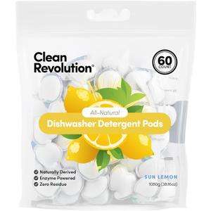Clean Revolution All Natural Dishwasher Detergent Pods, 60 Pods, Enzyme Powered, No Chemical Additives, No Residue - SUN LEMON - Made in USA