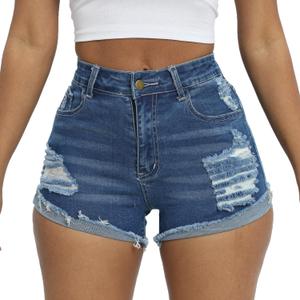 Women Ripped Denim Shorts High Rise Summer Jeans Stretchy Folded Hem Jean Shorts Cut Off Distressed Short Jeans (Medium, Dark Blue)