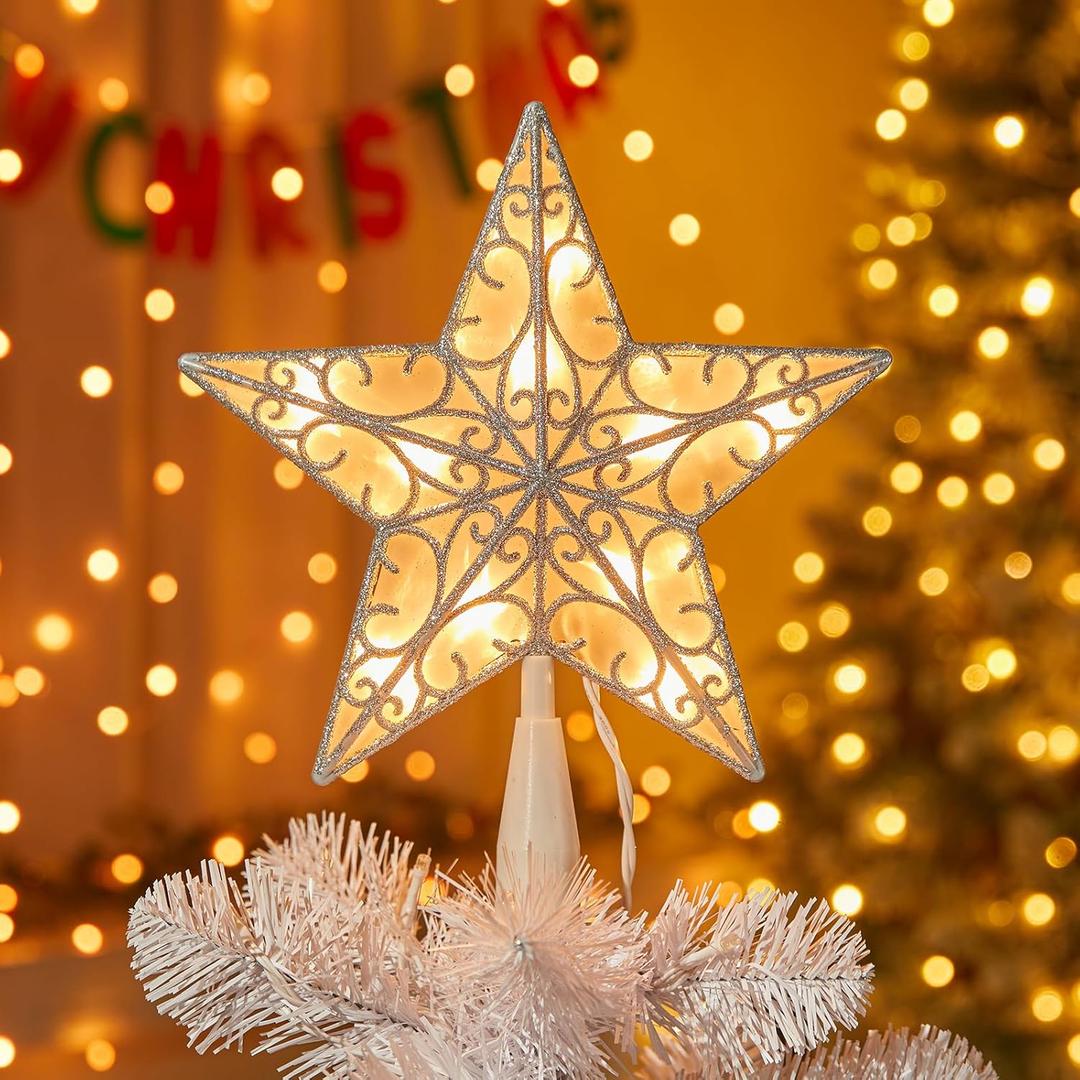 Christmas Star Tree Topper, Plug in Sliver Glittered 3D Star Tree Topper, Metal Hollow Designed Built-in 10 Bulbs String Lights for Indoor Christmas New Year Holiday Tree Decoration, White Base