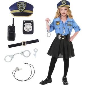 Lumiparty Police Officer Costume for Kid,Girls Police Costume,Halloween Cop Costume Outfit Set for Roleplay Dress Up (Medium, Blue)