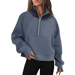 AUTOMET Womens Sweatshirts Half Zip Cropped Pullover Fleece Quarter Zipper Hoodies 2026 Fall Fashion Outfits Clothes (Medium, Blue)