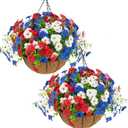Hananona 2 Set Artificial Outdoor Flowers with Hanging Basket, 2 Hanging Planters with 24 Pcs Patriotic Flowers for Summer Front Porch Patio 4th of July Decor (Red, White, Blue)