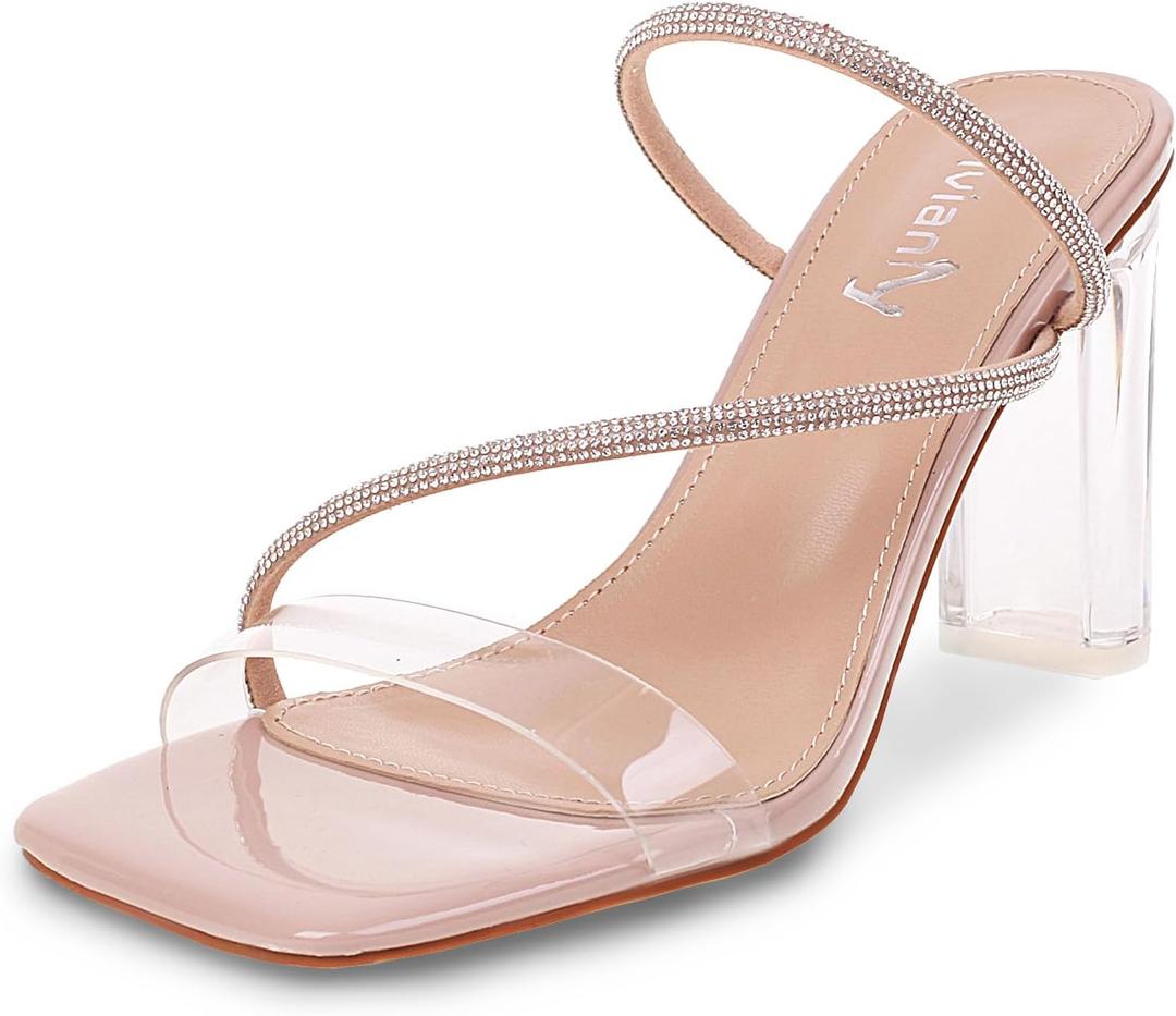 Vivianly Womens Square Toe Clear Rhinestone Strappy Heeled Sandals Transparent Block High Heels Slides Slipper Wedding Dress, 9