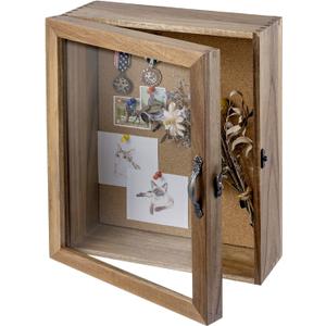 MyGift 11x14 Natural Solid Acacia Wood Shadow Box with Cork Board Backing, Wall Mounted Display Case with Clear Acrylic Front Window Panel, Metal Handle and Latch