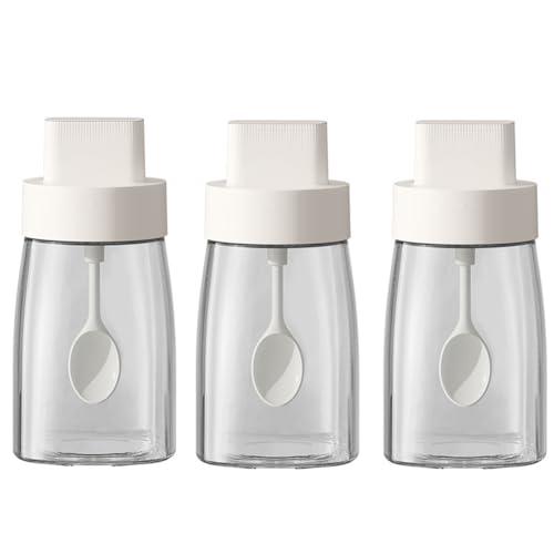 LOYUYU Kitchen Sodium Calcium Glass Spice Jars Seasonning Box Set of 3, Condiment Pots Spice Jars, Retractable Spoon and Lid Combination Design, Airtight Cap 9.7oz White