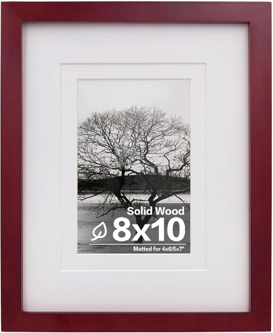 Egofine 8x10 Picture Frame Made of Solid Wood, Covered by Plexiglass for Pictures 4x6 or 5x7 with Mat or 8x10 Without Mat, Photo Frame for Table Top and Wall Display, Cherry Red