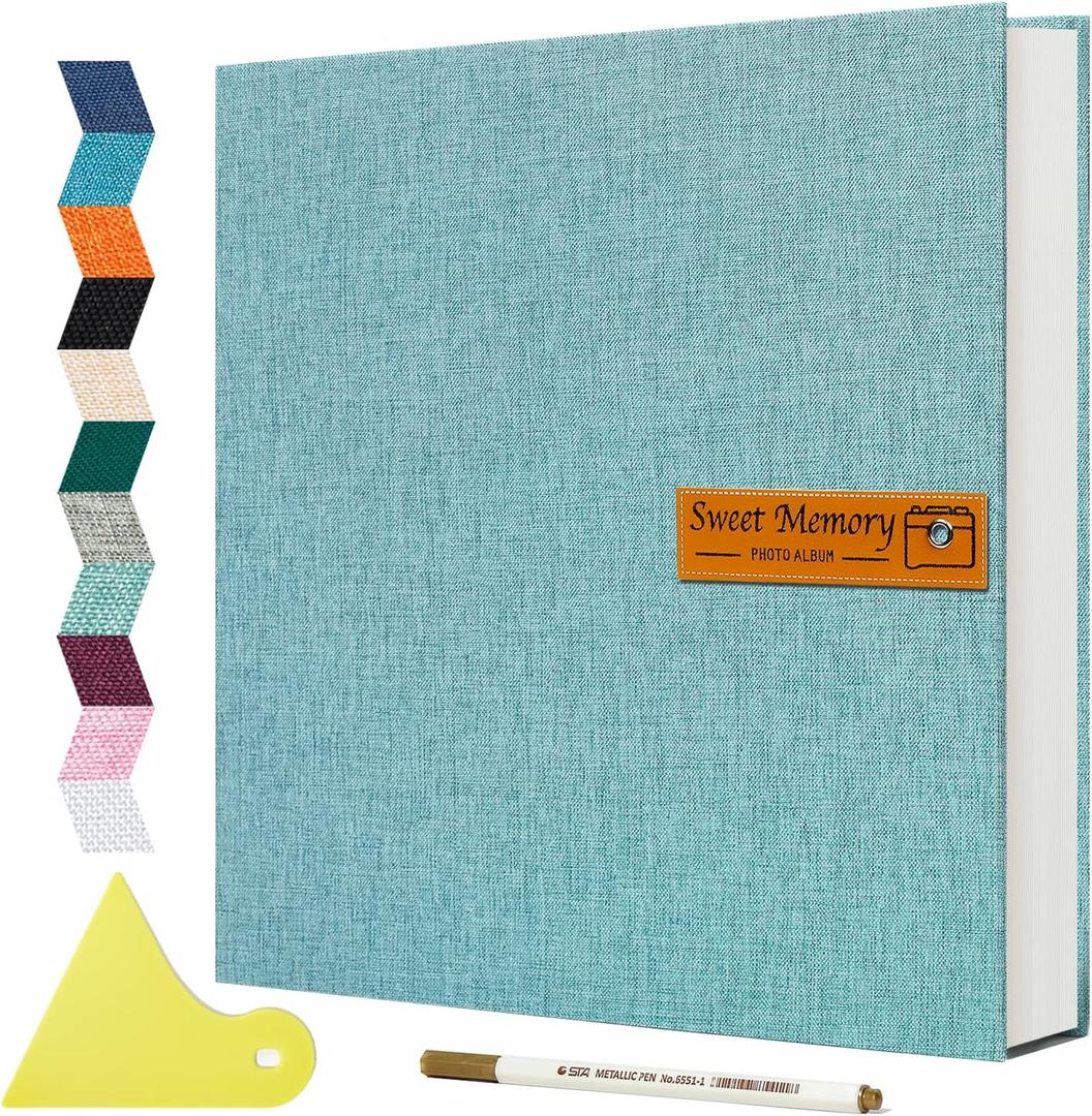 Large Photo Album Self Adhesive Magnetic Scrapbook,Scrapbook Album for 4x6 5x7 8x10 Picture,40 Pages Linen Cover Memory Book for Wedding Family Baby, with Metallic Pen and Scraping Plate(Grey) (Turquoise)