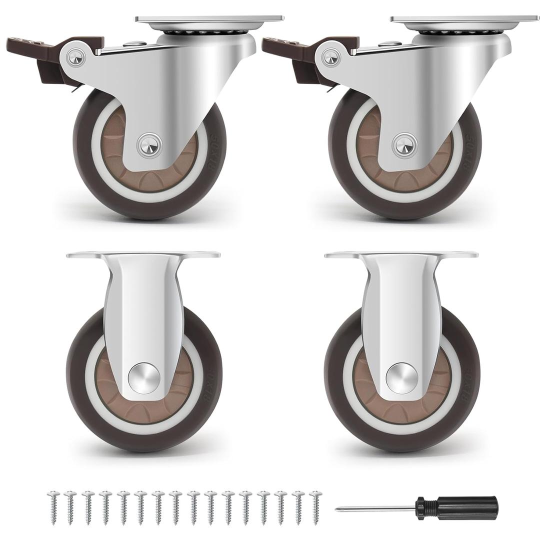Caster Wheels 2 Inch - 2 Fixed & 2 Swivel with Brakes Casters Set of 4, Silent Rubber Casters Non Marking Castor Wheels for Furniture, Plate Swivel Caster for Indoor and Outdoor Use
