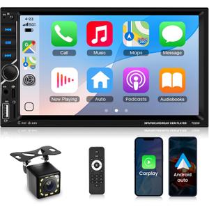 Double Din Wireless Carplay&Android Auto, Upriding 2 DIN 7-Inch Touchscreen Car Stereo with Bluetooth5.0, Head Unit FM Radio SWC EQ USB Mirror Link +Backup Camera
