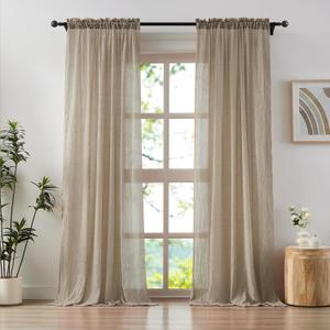 Elegant Tan Beige Sheer Curtains 108 inches Long for Living Room Patio Door, Cotton Linen Textured Light Filtering Sheer Drapes Rod Pocket Natural Thin Curtains, W52 x L108 in, 2 Panels