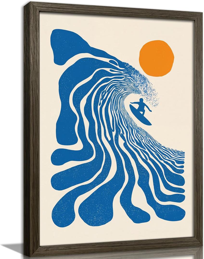 Framed Vintage Surfer Wave Canvas Wall Art, Retro Minimalist Ocean Surf Print, abstract Surf Coastal Beach Wall Decor for Bedroom Surf Room Office, 24"L x 16"W