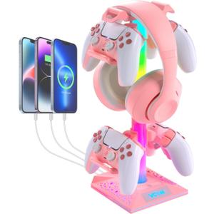 VCOM RGB Gaming Headphones Stand with 2 USB Ports, Pink Headset Stand with 10 Light Modes and Non-Slip Rubber, Suitable for PC Desk Accessories Gamers Gift(Pink)