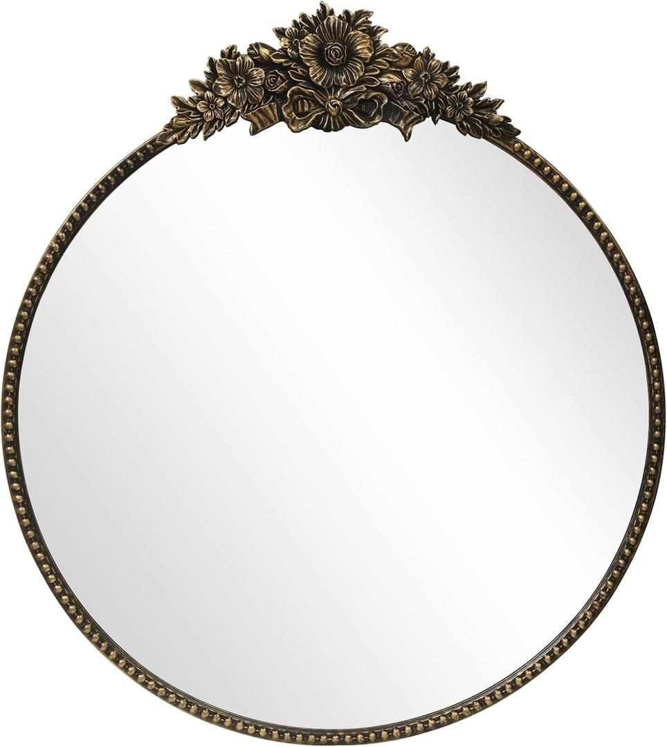Round Baroque Style Antique Mirror, 24" Metal Circle Vintage Wall Mounted Decorative Mirror for Entryway,Bathroom,Vanity, Retro Black