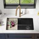 KRAUS Bellucci 30” in. Undermount Workstation Granite Kitchen Sink in Metallic Black with Accessories, KGUW2-30MBL, 29 Inch