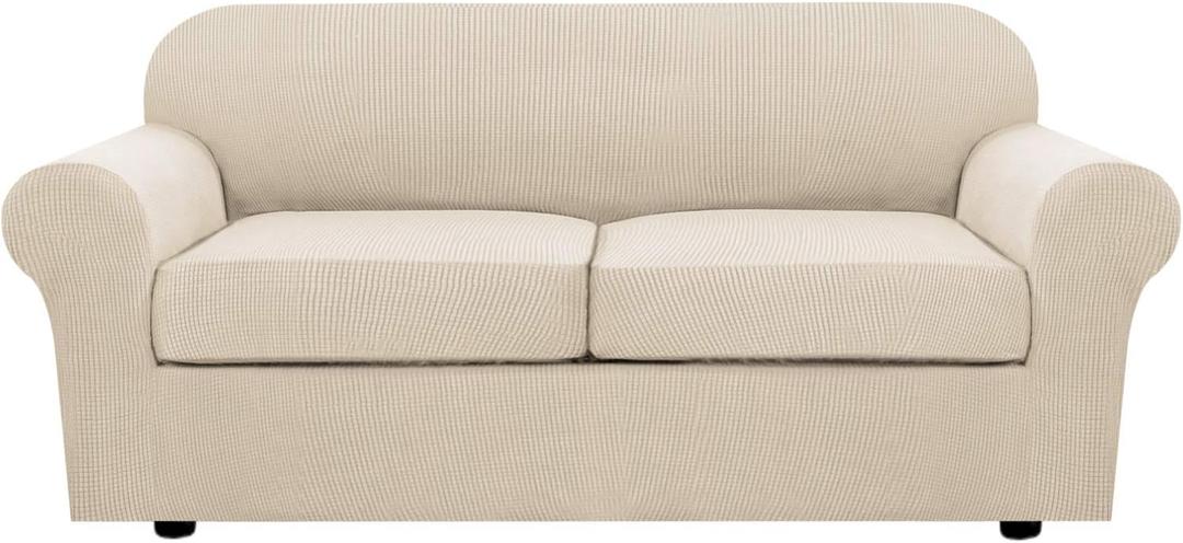 H.VERSAILTEX 3 Piece Stretch Sofa Covers for 2 Cushion Sofa Couch Covers for Living Room Sofa Slipcovers (Base Cover Plus 2 Seat Cushion Covers) Thicker Jacquard Fabric(Large Sofa, Natural) (Medium-XL)