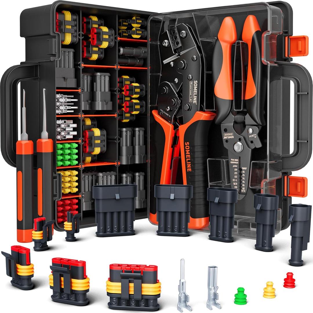 SOMELINE Crimping Tool Kit, Waterproof Automotive Electrical Connectors (1/2/3/4/5 Pin), 2214 AWG Ratchet Crimper & Terminal Removal Tools for Car/Motorcycle/Boat