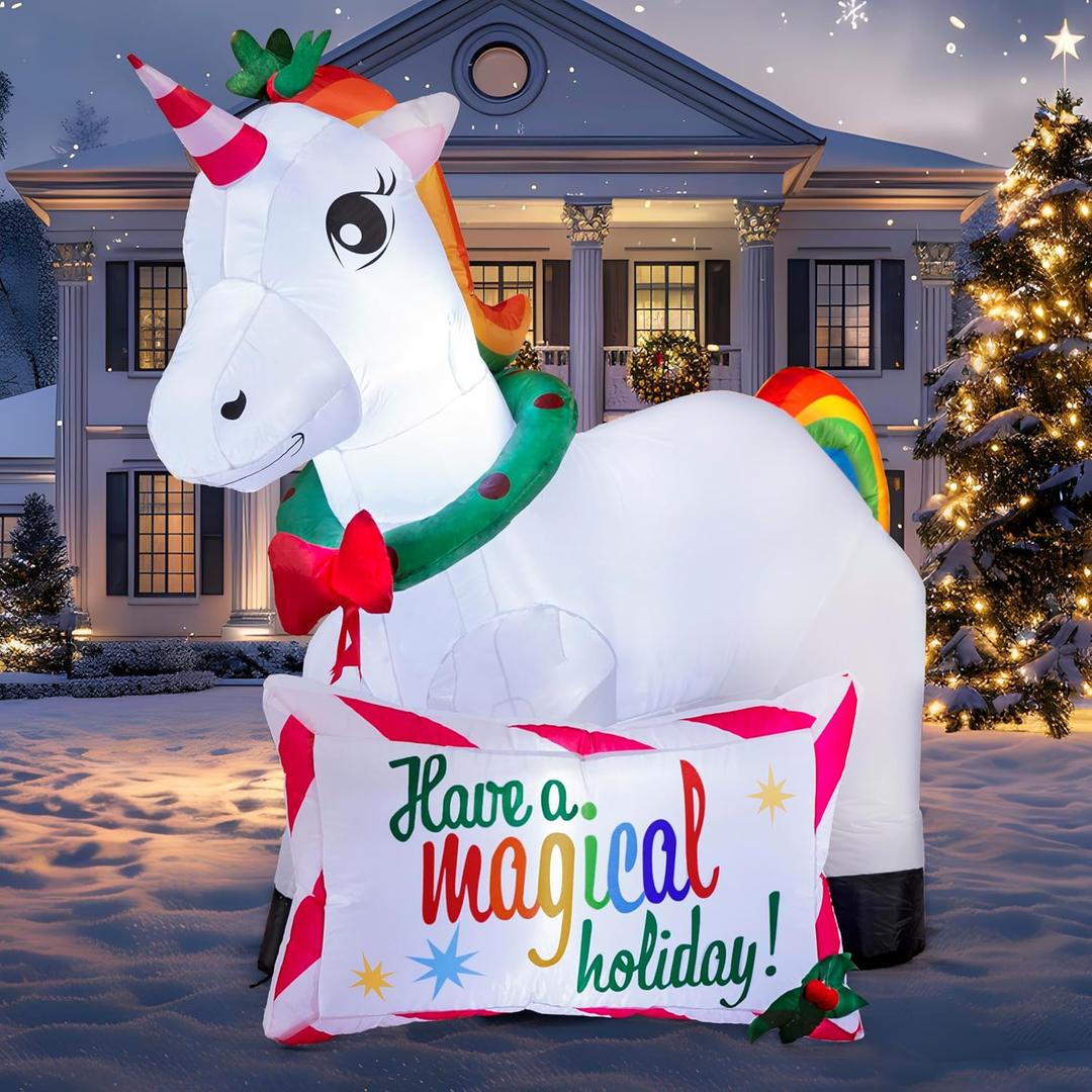 Joiedomi 6 FT Long Christmas Inflatable Magical Unicorn with Build-in LEDs, Blow Up Inflatables for Christmas Party Indoor, Outdoor, Yard, Garden, Lawn Winter Decorations