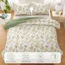 Mooreeke Floral Queen Size Comforter Sets, Vintage Green and Yellow Botanical Printed Bedding for All Seasons, 3-Piece Vintage Bed in a Bag with Fluffy Quilted Reversible Comforter & 2 Pillow Shams