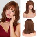 Haloo Auburn Short Bob Wigs with Bangs Shoulder Length Wavy Layered Flipped Ends Natural Looking Medium Synthetic Hair Wig for Women Daily Party, 14 Inch