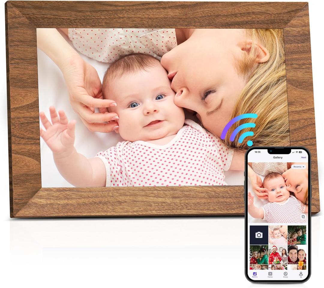 Uhale Digital Picture Frame 32GB Storage 10.1 Inch Wood WiFi Electronic Photo Frames SD Card Slot IPS Touch Screen HD Display Auto Rotate Slideshow Share Videos Photos Instantly Send Wishes Remotely
