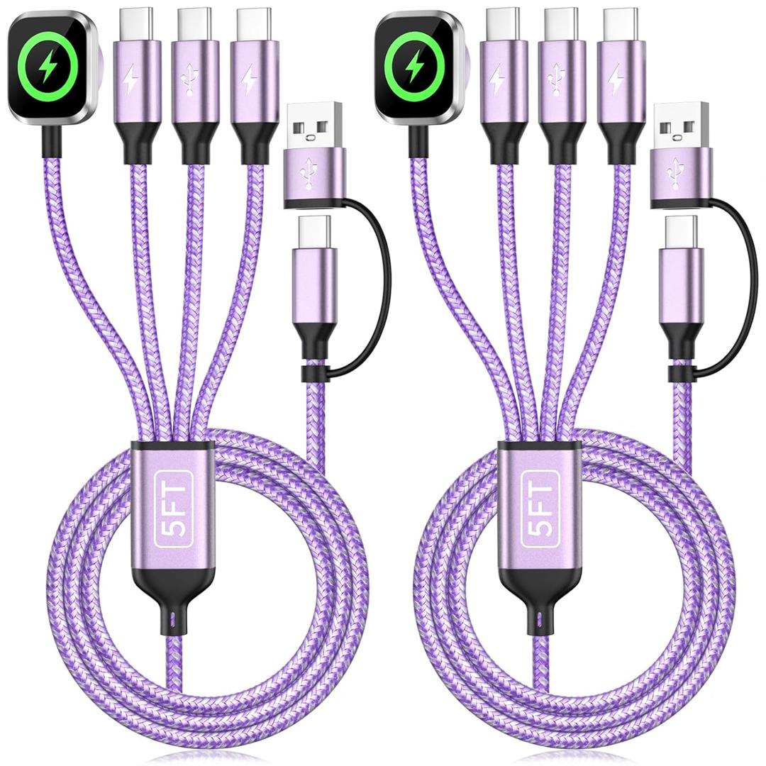 4in2 Multi Charging Cable for iWatch Charger/iPhone Charger/CarPlay Cable, Beach Travel Vacation Essentials, (2Pack 5FT) 3 X USB C/iWatch Charger Cords for iWatch 11-1/iPhone 17-15, Android Car