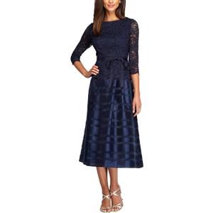 Alex Evenings Women's Tea-Length A-Line Dress with Tie Belt. Size 6