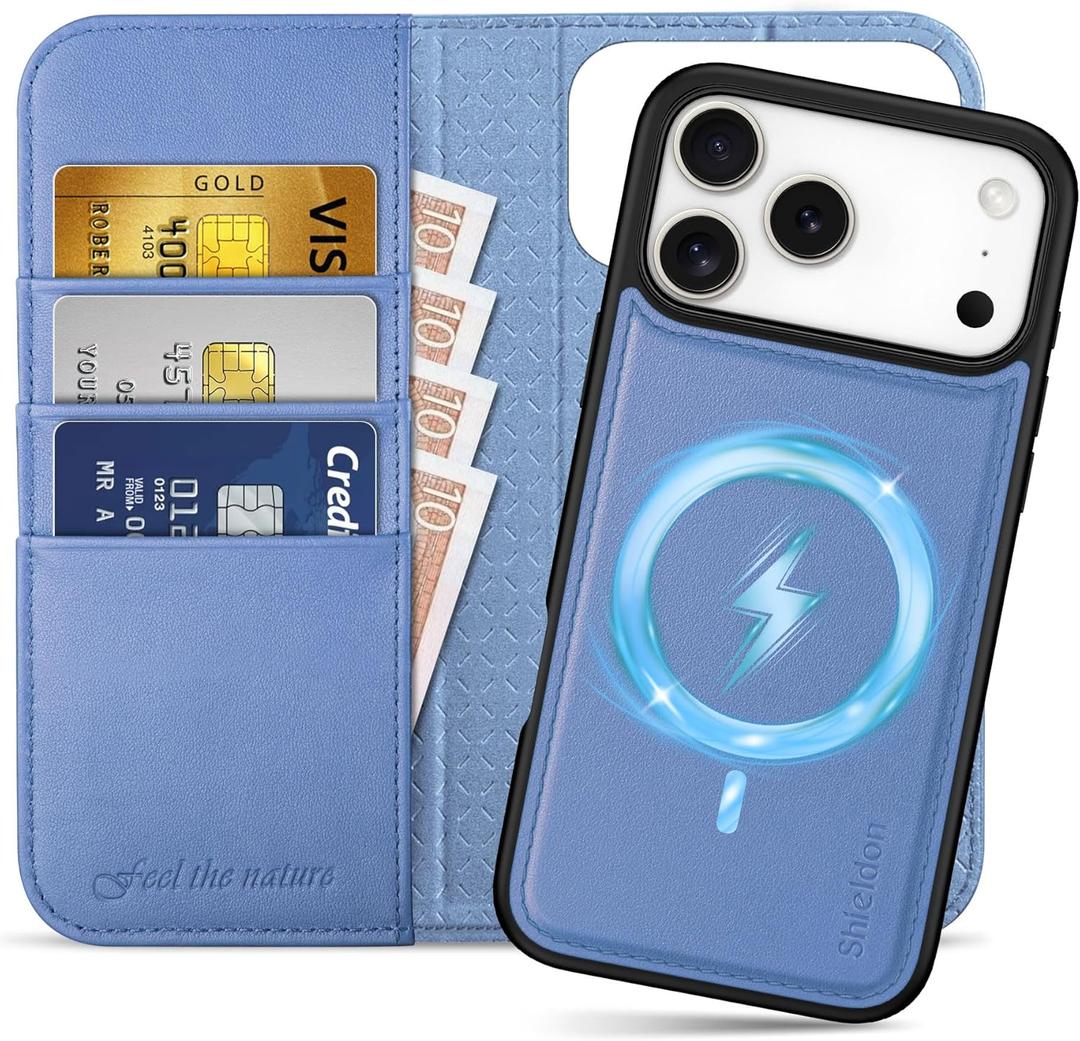 SHIELDON 2 in 1 Wallet Case for iPhone 17 Pro Max 6.9" | Detachable, Genuine Leather, Wireless Charging, Flip Kickstand, RFID Blocking Credit Card Slot, Magnetic Protective Cover - Wisteria Purple
