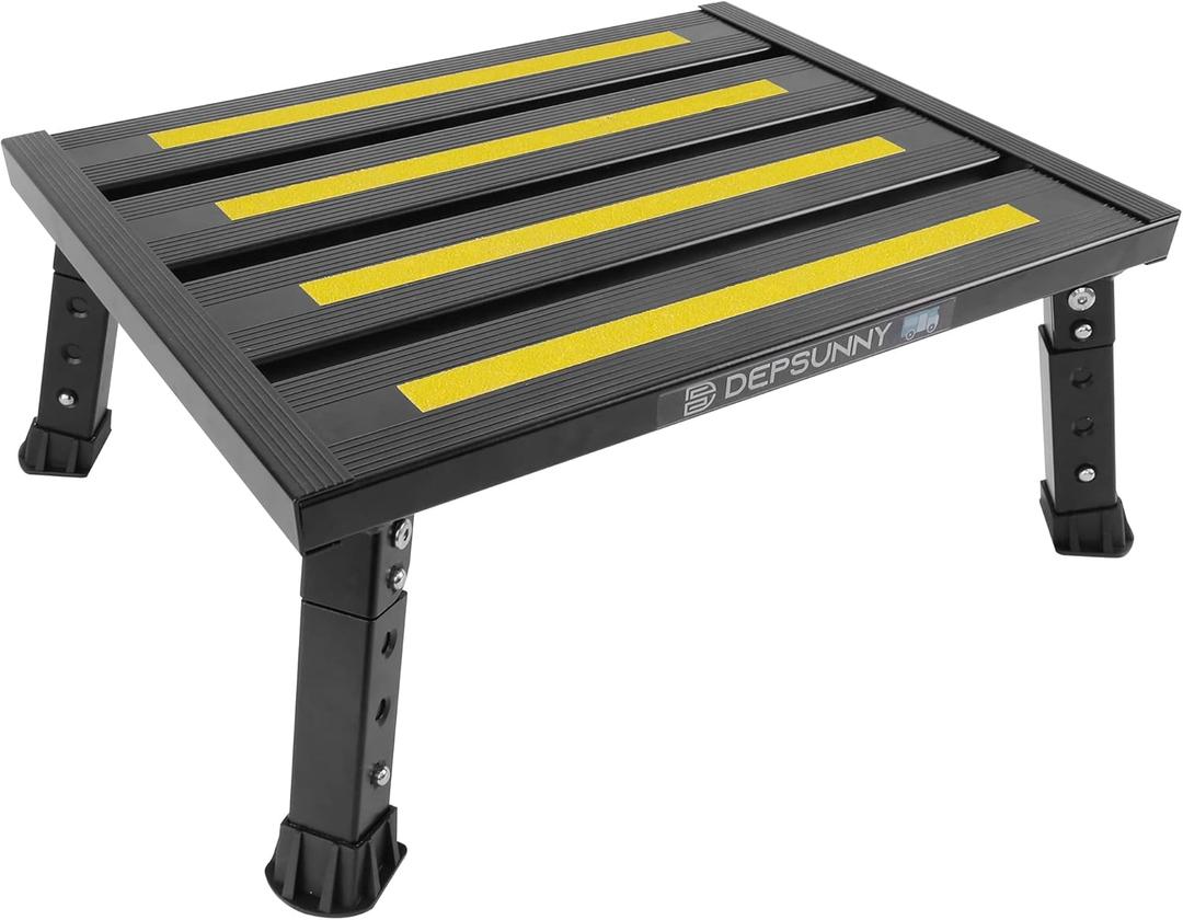 Adjustable Height Aluminum RV Step, Stable Foldable Platform Step Stool, Supports Up to 1,000 lb, Non-Slip Rubber Feet and Platform Mat, Easy to Carry (Black)