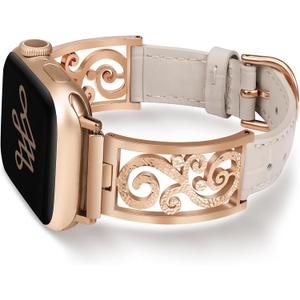 Wearlizer Slim Leather Band Compatible with Apple Watch Bands Women 41/40/38/42mm, Dressy Fancy Thin Designer Vintage Filigree Strap for iWatch Series 11 10 9 8 7 6 5 4 3 SE/Ultra 3 2 1 (Starlight/Rose Gold)