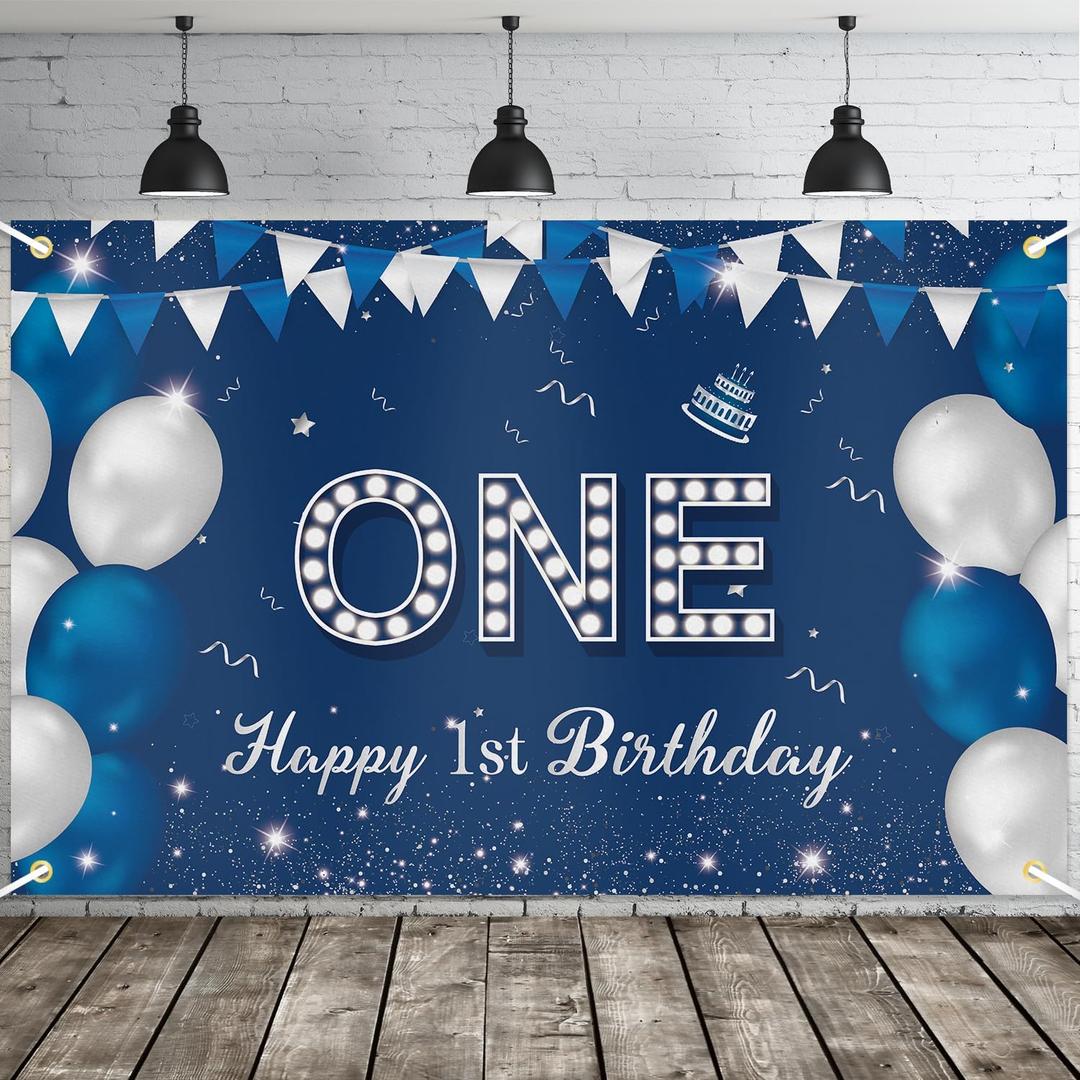 JOYKY Happy 1st Birthday Banner, Blue Silver Happy 1st Birthday Party Decorations for Boys, One 1 Year Old Supplies Backdrop Dcor, 5.9 X 3.8 Fts