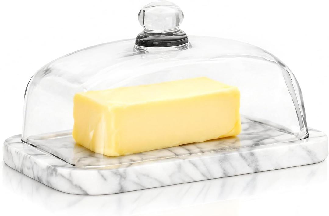 Marble Butter Dish with Lid for Countertop - Large Capacity Butter Holder(7.2 in x 5 in) with Knob Handle - Butter Keeper with Natural Cool Surface Keeps Butter Chilled
