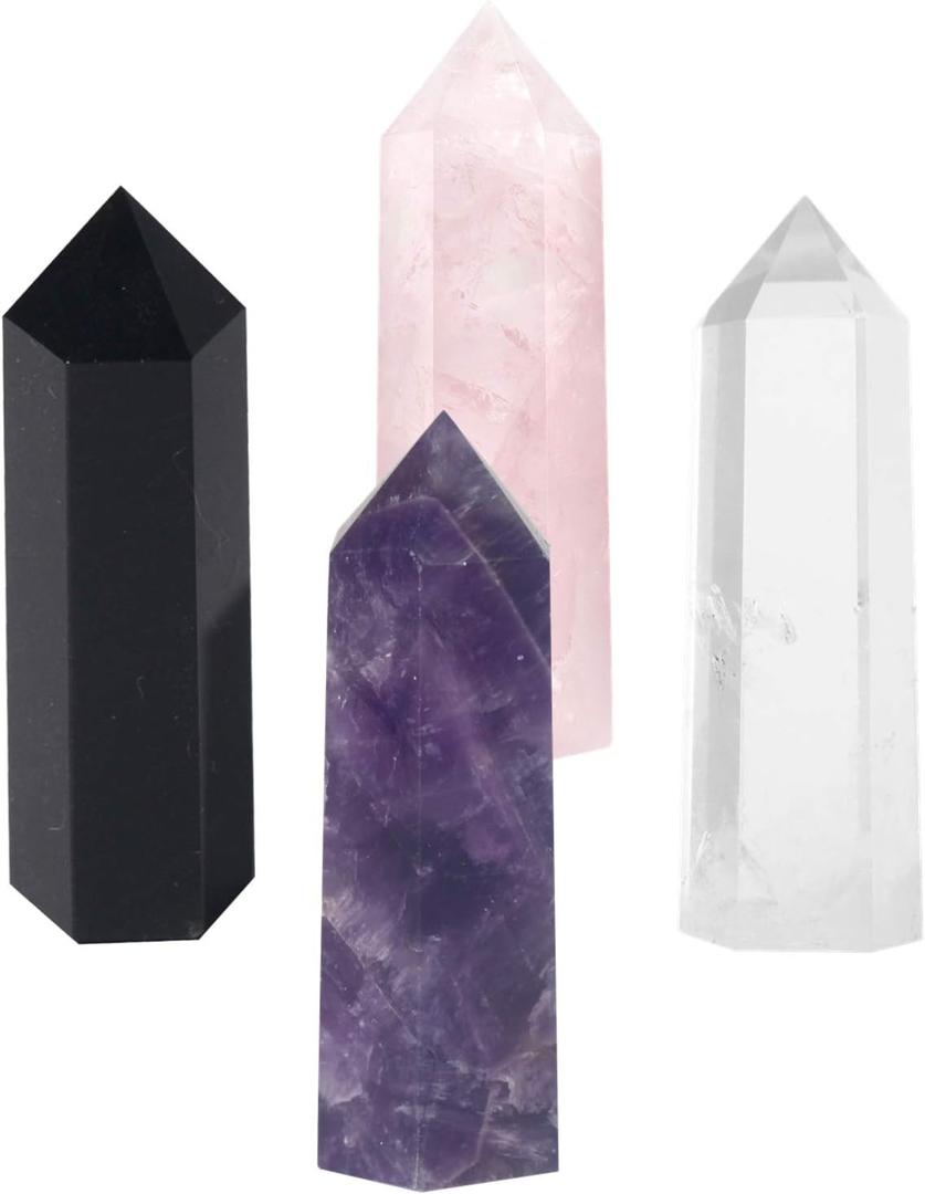 Luckeeper 3" Crystal Wands,6 Faceted Reiki Amethyst Crystal, Rose Quartz,Clear Quartz and Black Obsidian Crystal Quarz Points for Meditation Therapy