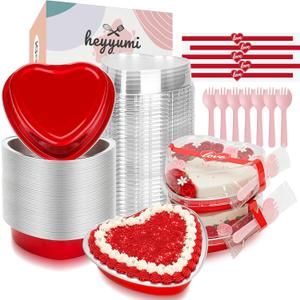 Aluminum Foil Mini Heart Cake Pan,HEYYUMI 25pcs 9oz Disposable Heart Shaped Cake Pans with Lids,Cupcake Liners Muffin Tins,Cupcake Baking Cups Ramekins Containers Red