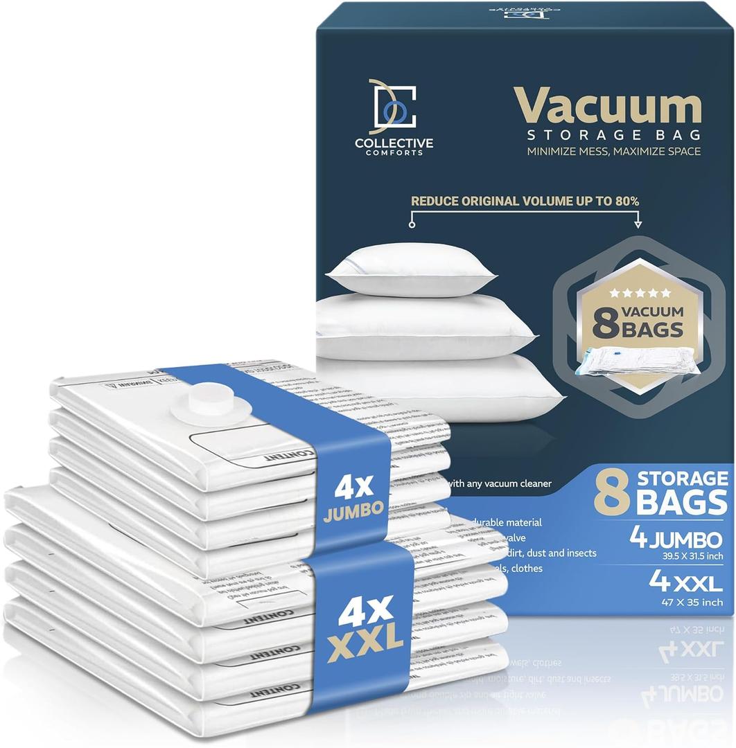 8 Pack Vacuum Storage Bags  4 XXL & 4 Jumbo Vacuum Seal Bags for Blankets, Comforters, Clothing & Bedding - Space Saver Compression Bags